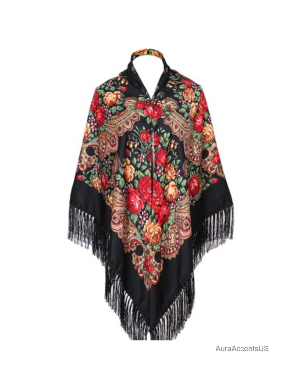 Traditional Folk Scarf with Tassel Fringes Square Shawl Wrap Cape 62x62